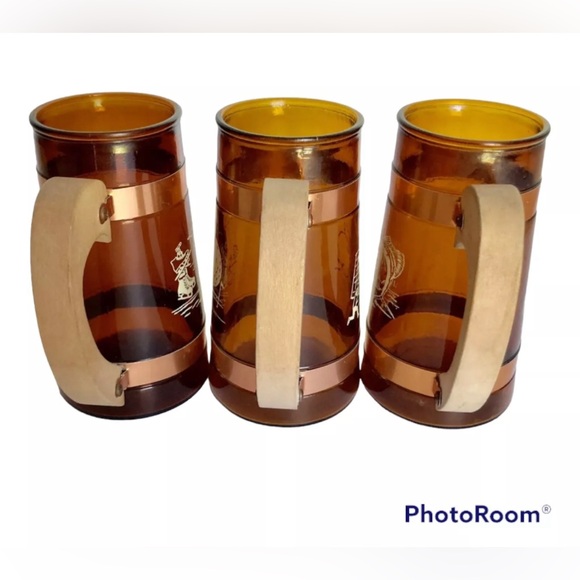 Vintage Siesta Ware Sports Mugs Amber Glass Wooden Handles 5" Set of 3 - Picture 3 of 7